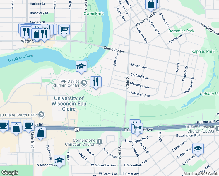map of restaurants, bars, coffee shops, grocery stores, and more near 105 Garfield Avenue in Eau Claire