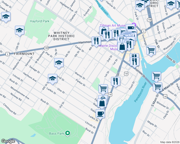 map of restaurants, bars, coffee shops, grocery stores, and more near 93 Sanford Street in Bangor