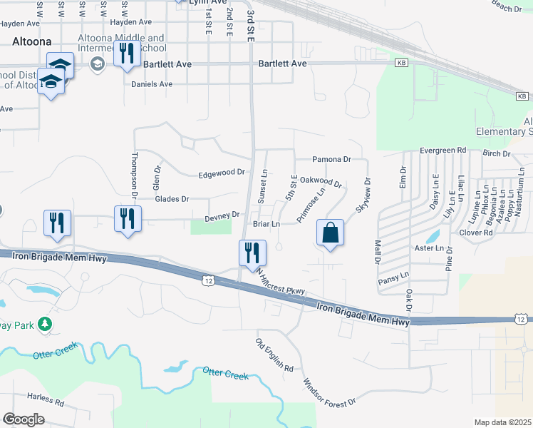 map of restaurants, bars, coffee shops, grocery stores, and more near 1135 Sunset Lane in Altoona