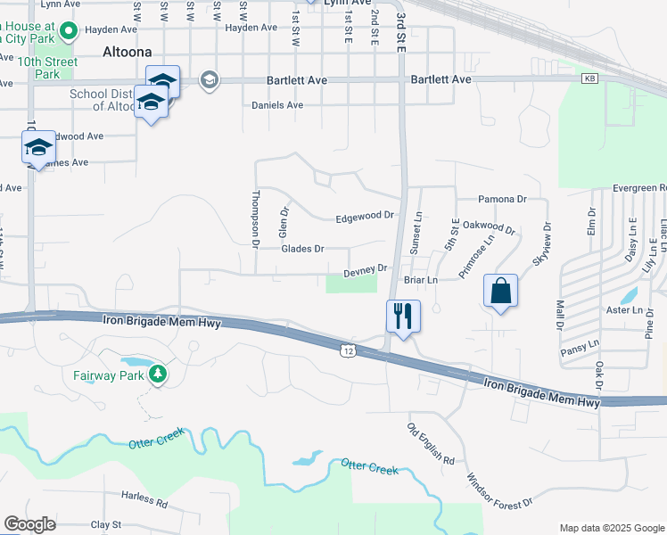 map of restaurants, bars, coffee shops, grocery stores, and more near 1403 Glades Drive in Altoona