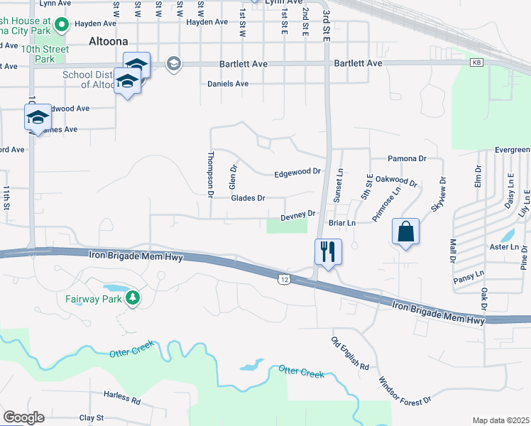 map of restaurants, bars, coffee shops, grocery stores, and more near 1403 Glades Drive in Altoona