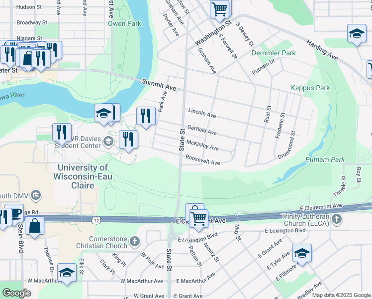 map of restaurants, bars, coffee shops, grocery stores, and more near 333 McKinley Avenue in Eau Claire
