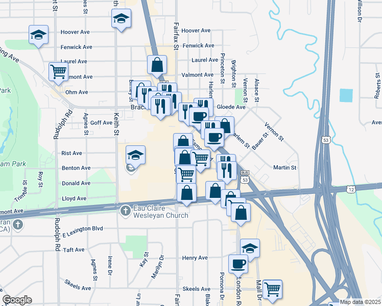map of restaurants, bars, coffee shops, grocery stores, and more near 2026 Esmond Road in Eau Claire