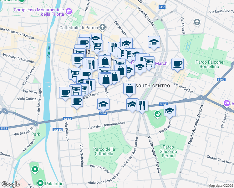 map of restaurants, bars, coffee shops, grocery stores, and more near 30 Via Primo Groppi in Parma