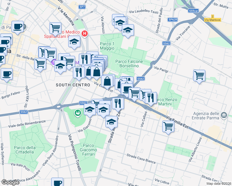 map of restaurants, bars, coffee shops, grocery stores, and more near 36-42 Via Emilia Est in Parma