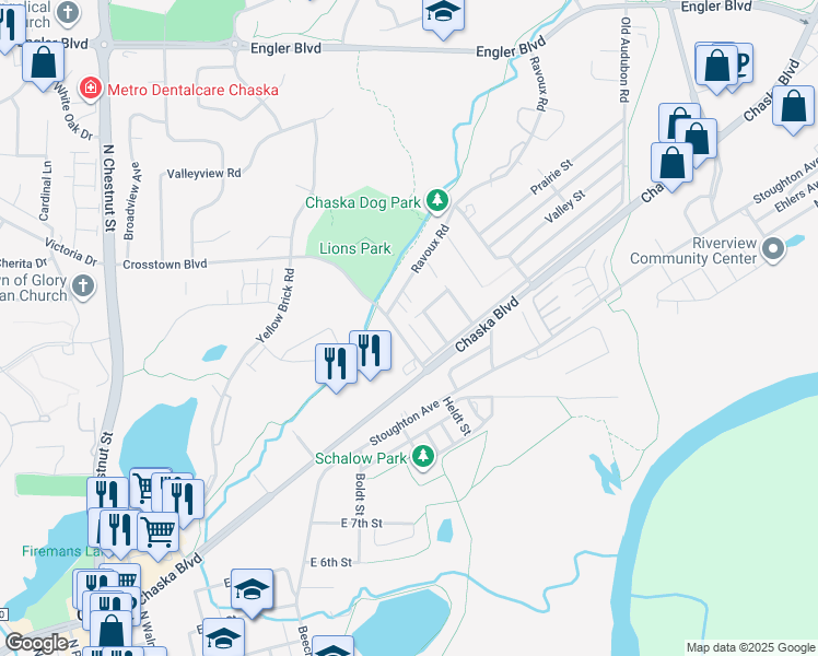 map of restaurants, bars, coffee shops, grocery stores, and more near 1221 Vincent Place in Chaska