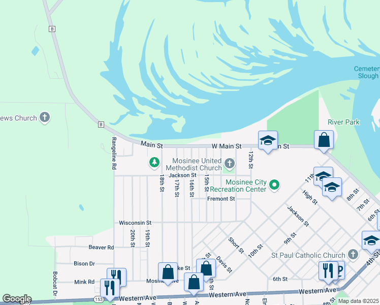 map of restaurants, bars, coffee shops, grocery stores, and more near 601 16th St in Mosinee