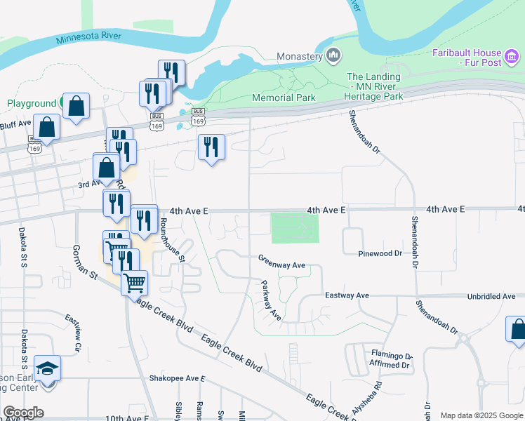 map of restaurants, bars, coffee shops, grocery stores, and more near 1700 4th Avenue East in Shakopee