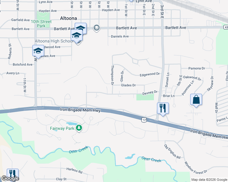 map of restaurants, bars, coffee shops, grocery stores, and more near 1219 Thompson Drive in Altoona