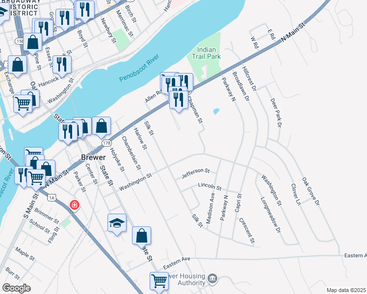 map of restaurants, bars, coffee shops, grocery stores, and more near 100 Washington Street in Brewer