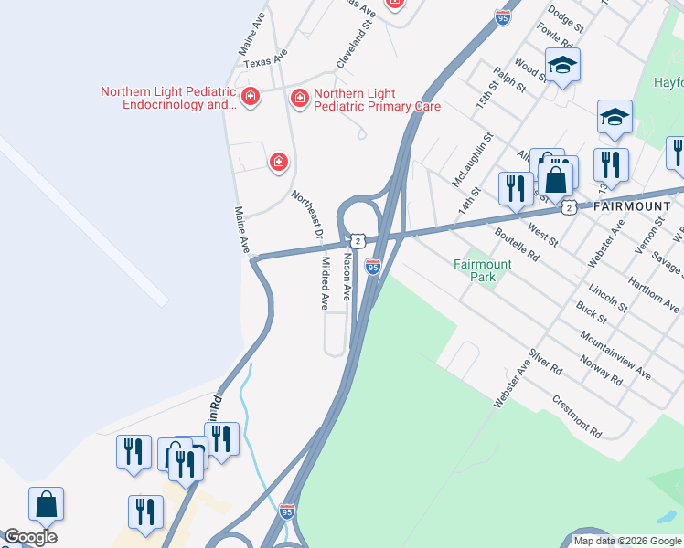 map of restaurants, bars, coffee shops, grocery stores, and more near 29 Nason Avenue in Bangor