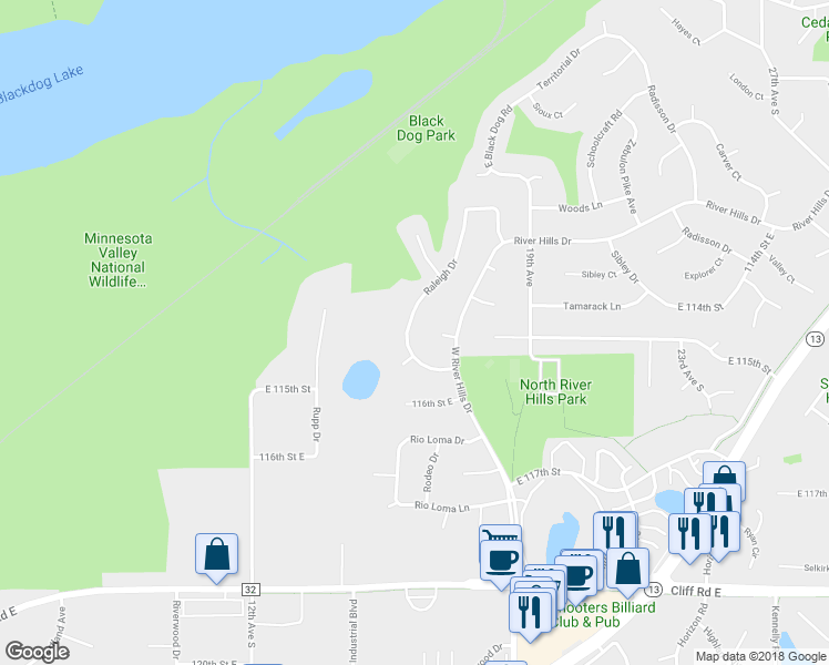 map of restaurants, bars, coffee shops, grocery stores, and more near 1425 Raleigh Drive in Burnsville