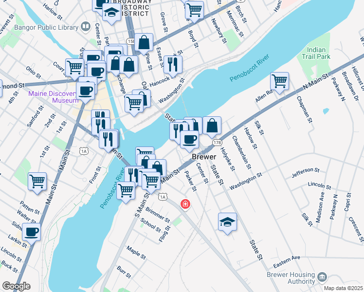 map of restaurants, bars, coffee shops, grocery stores, and more near 39 Center Street in Brewer