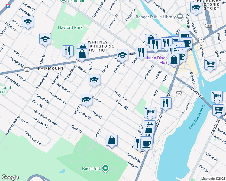 map of restaurants, bars, coffee shops, grocery stores, and more near 120 4th Street in Bangor