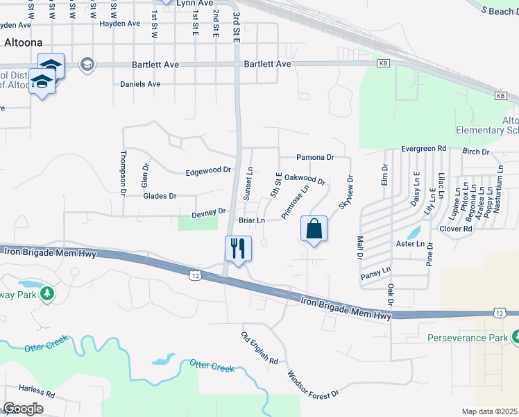 map of restaurants, bars, coffee shops, grocery stores, and more near 1143 5th Street East in Altoona