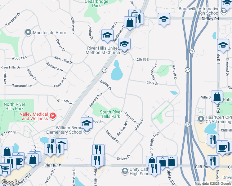 map of restaurants, bars, coffee shops, grocery stores, and more near 11445 Galtier Drive in Burnsville