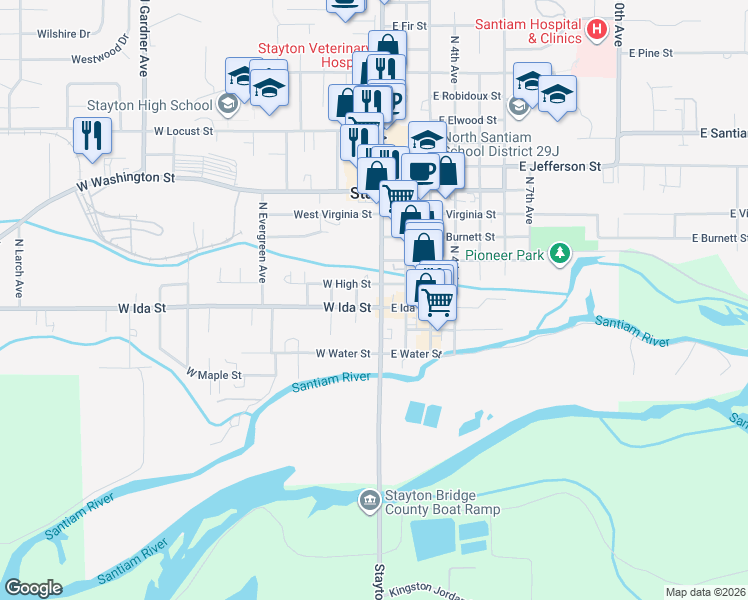 map of restaurants, bars, coffee shops, grocery stores, and more near 129 West Ida Street in Stayton