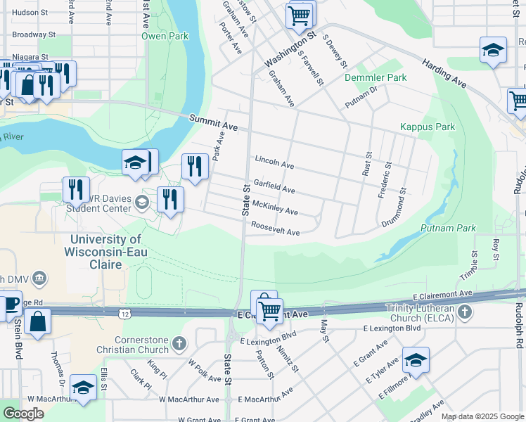 map of restaurants, bars, coffee shops, grocery stores, and more near 333 McKinley Avenue in Eau Claire