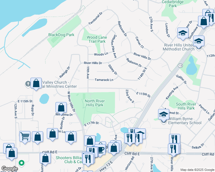map of restaurants, bars, coffee shops, grocery stores, and more near 2004 115th Street East in Burnsville