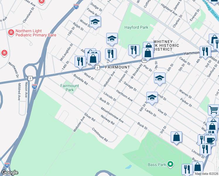 map of restaurants, bars, coffee shops, grocery stores, and more near 15 Harthorn Avenue in Bangor