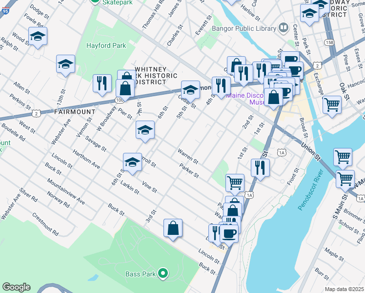 map of restaurants, bars, coffee shops, grocery stores, and more near 120 4th Street in Bangor