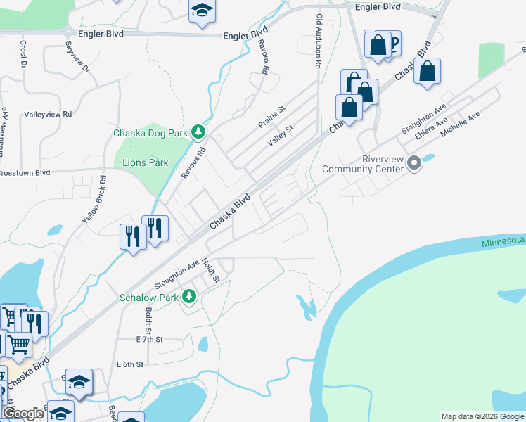map of restaurants, bars, coffee shops, grocery stores, and more near 1108 Crystal Place East in Chaska