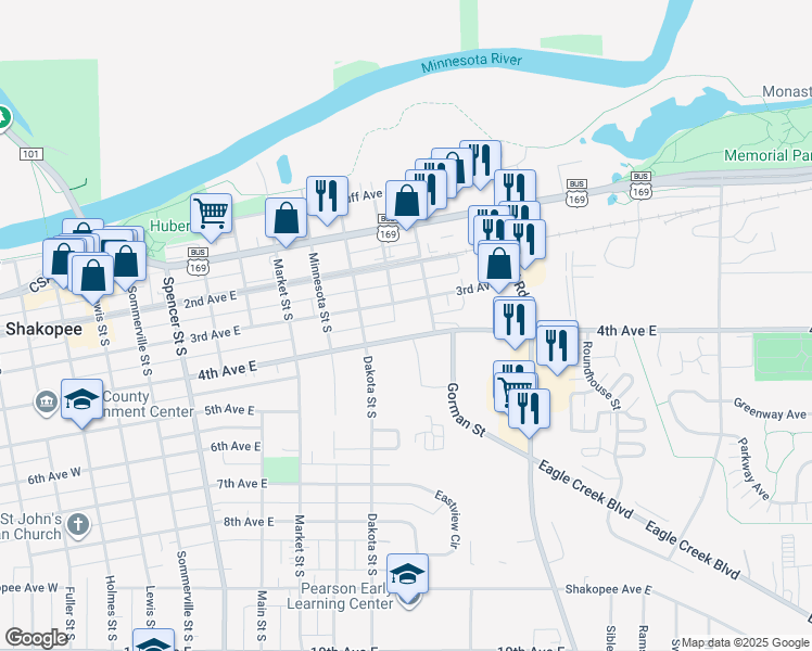 map of restaurants, bars, coffee shops, grocery stores, and more near 1009 4th Avenue East in Shakopee