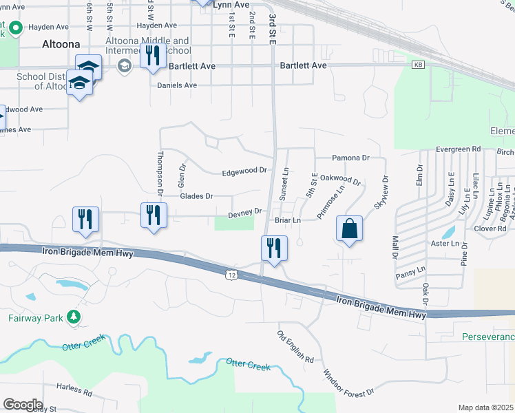 map of restaurants, bars, coffee shops, grocery stores, and more near 1112 Devney Drive in Altoona