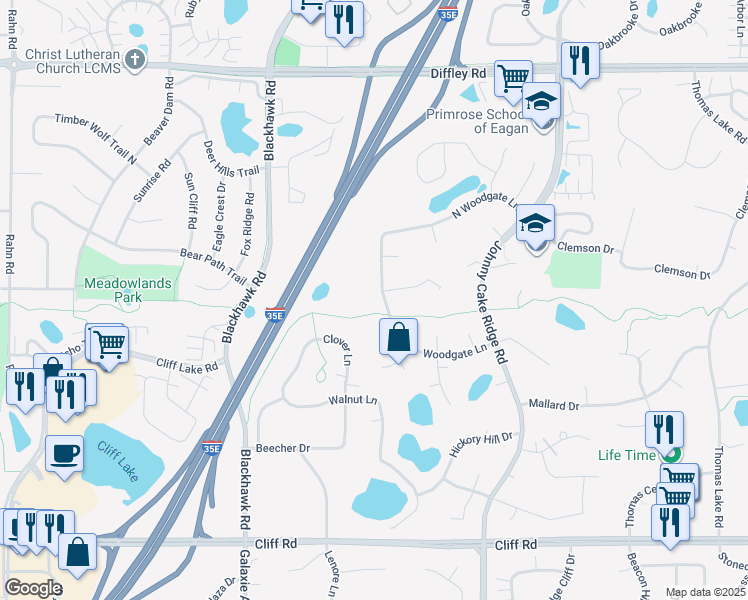 map of restaurants, bars, coffee shops, grocery stores, and more near 4399 North Woodgate Lane in Eagan