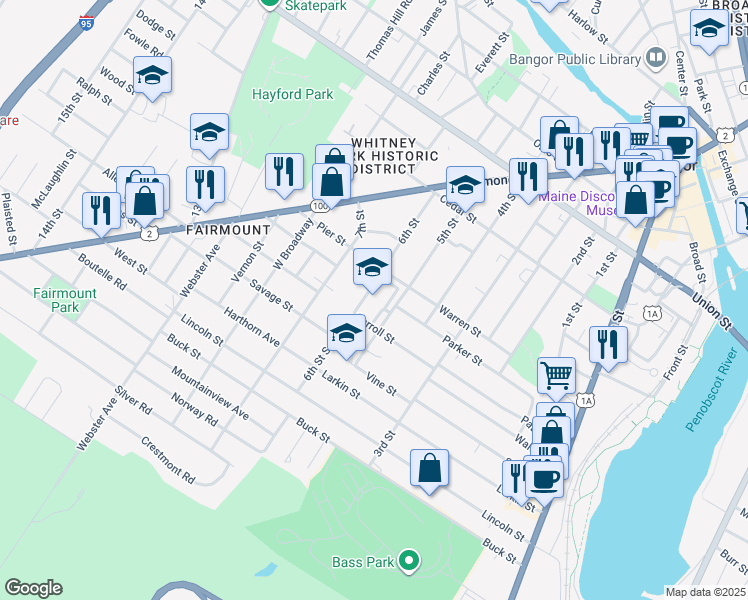 map of restaurants, bars, coffee shops, grocery stores, and more near 143 5th Street in Bangor