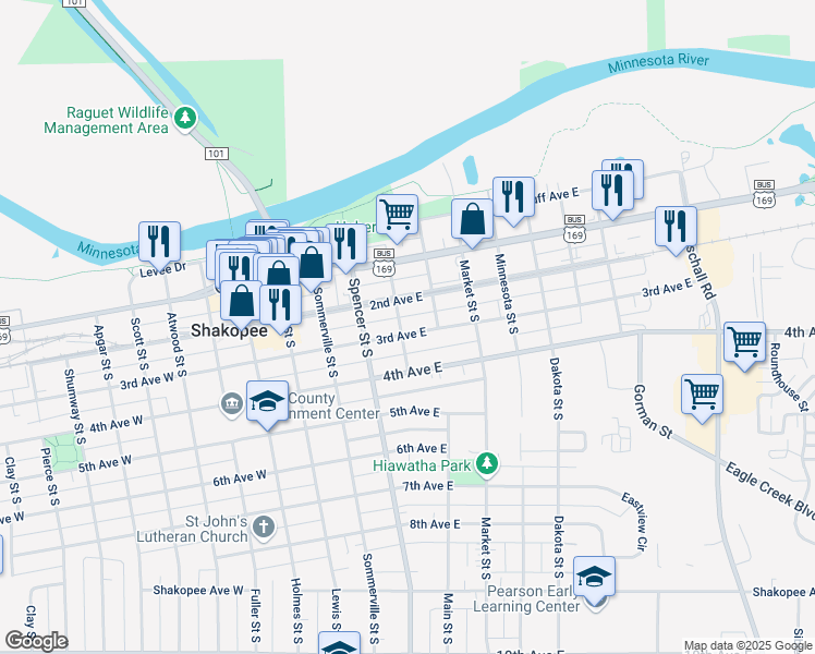 map of restaurants, bars, coffee shops, grocery stores, and more near 503 3rd Avenue East in Shakopee