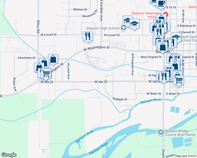 map of restaurants, bars, coffee shops, grocery stores, and more near 985 West Ida Street in Stayton