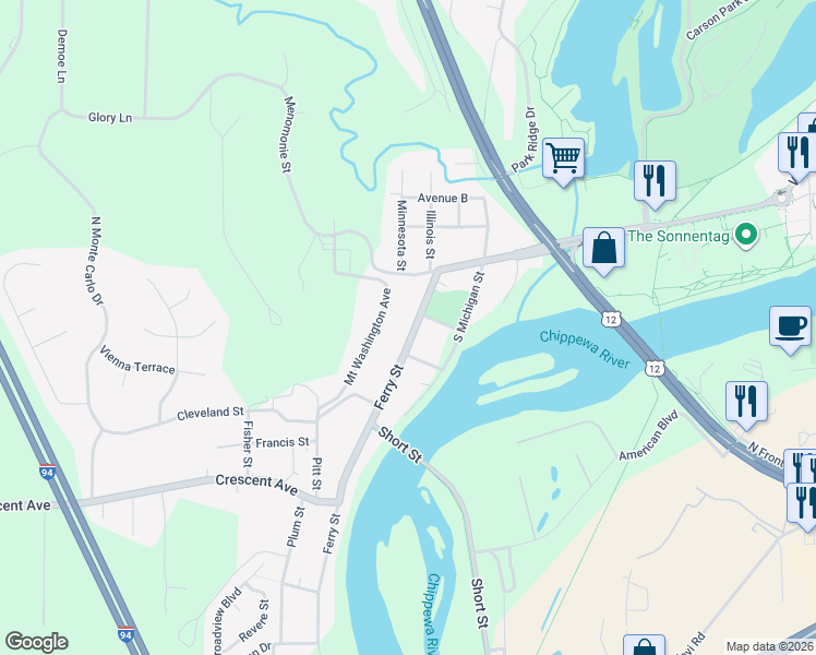 map of restaurants, bars, coffee shops, grocery stores, and more near 216 Ferry Street in Eau Claire