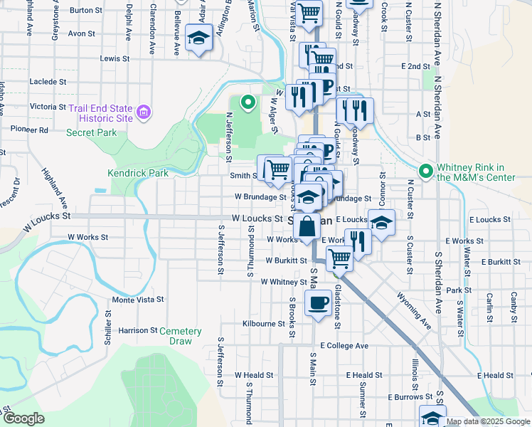 map of restaurants, bars, coffee shops, grocery stores, and more near 225 West Loucks Street in Sheridan