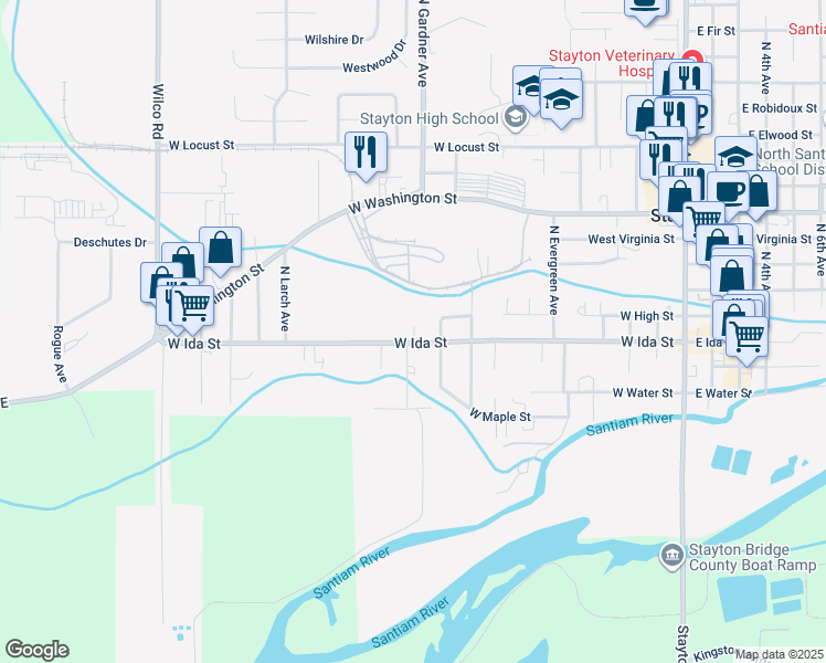 map of restaurants, bars, coffee shops, grocery stores, and more near 985 West Ida Street in Stayton
