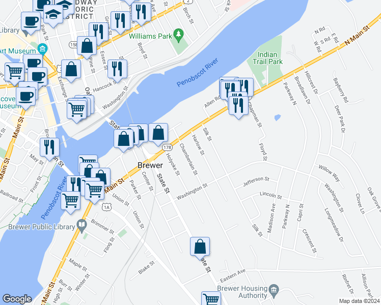map of restaurants, bars, coffee shops, grocery stores, and more near 32 Chamberlain Street in Brewer