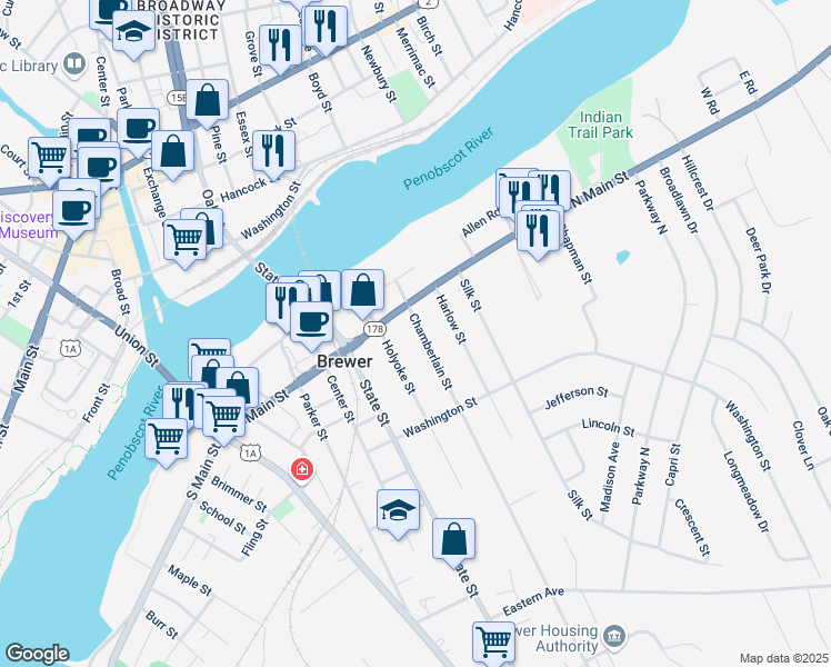 map of restaurants, bars, coffee shops, grocery stores, and more near 32 Chamberlain Street in Brewer