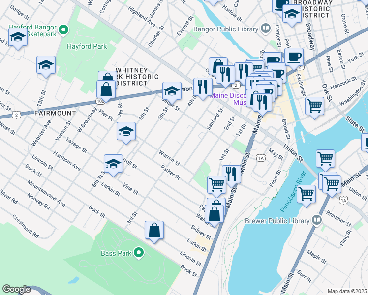 map of restaurants, bars, coffee shops, grocery stores, and more near 105 3rd Street in Bangor