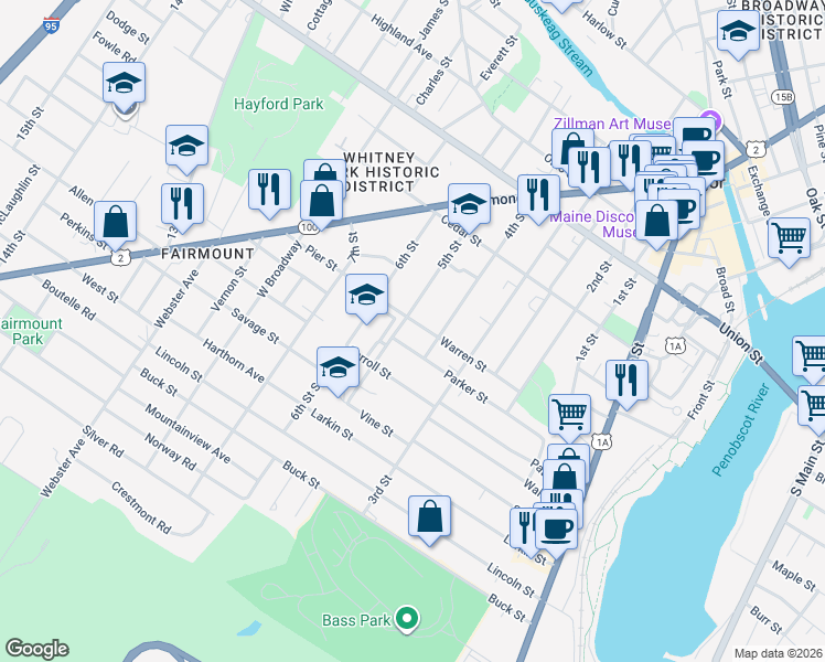 map of restaurants, bars, coffee shops, grocery stores, and more near 124 5th Street in Bangor