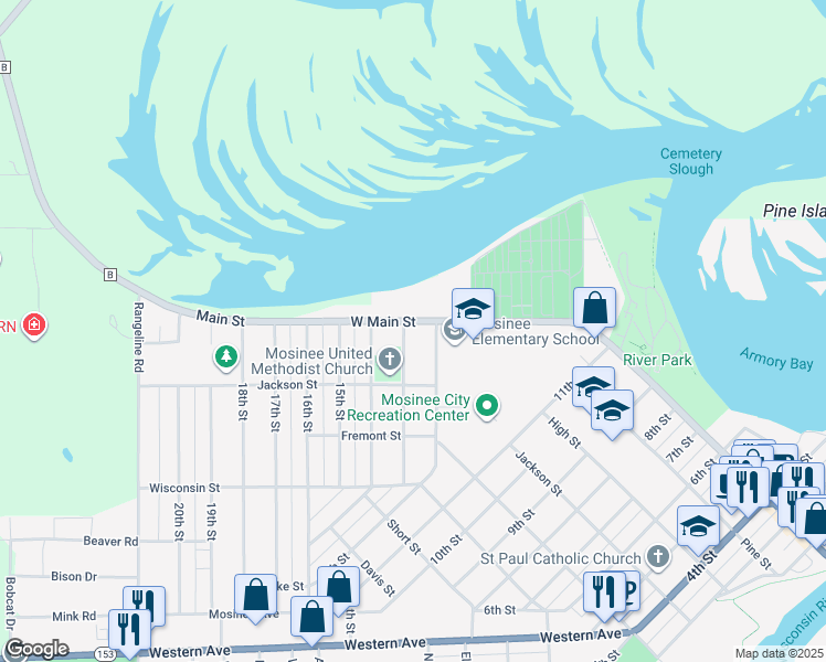 map of restaurants, bars, coffee shops, grocery stores, and more near 602 13th Street in Mosinee