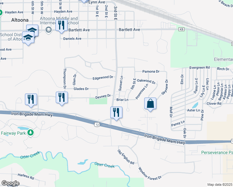 map of restaurants, bars, coffee shops, grocery stores, and more near 1135 Sunset Lane in Altoona
