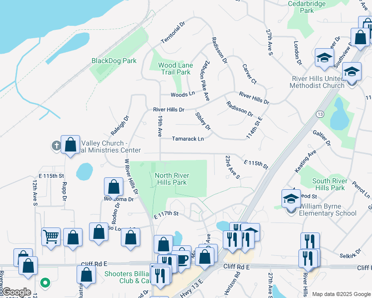 map of restaurants, bars, coffee shops, grocery stores, and more near 2004 115th Street East in Burnsville