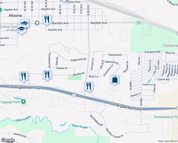 map of restaurants, bars, coffee shops, grocery stores, and more near 1136 Sunset Lane in Altoona