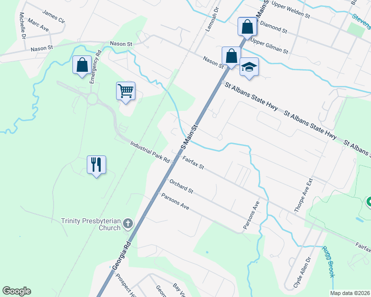 map of restaurants, bars, coffee shops, grocery stores, and more near 253 South Main Street in Saint Albans City