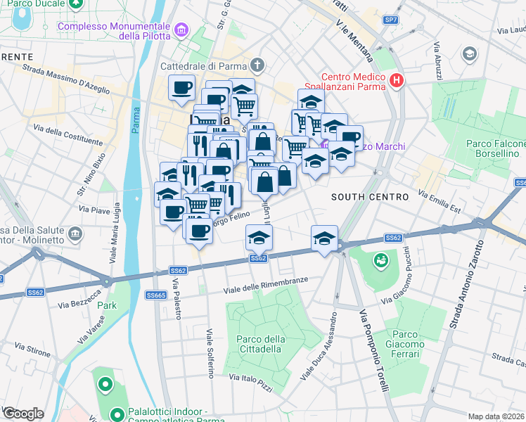 map of restaurants, bars, coffee shops, grocery stores, and more near 56 Borgo Felino in Parma