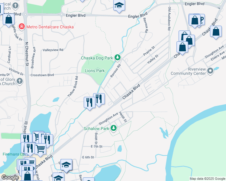 map of restaurants, bars, coffee shops, grocery stores, and more near 1221 Vincent Place in Chaska