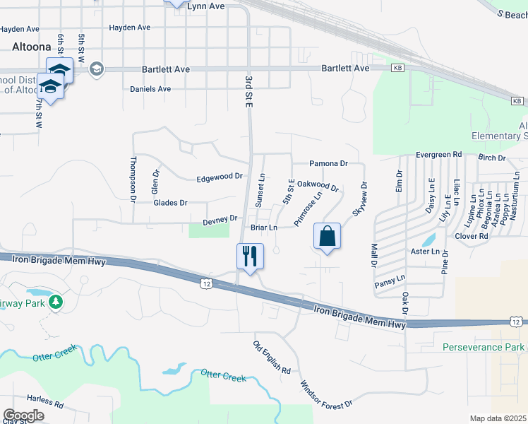 map of restaurants, bars, coffee shops, grocery stores, and more near 1135 Sunset Lane in Altoona
