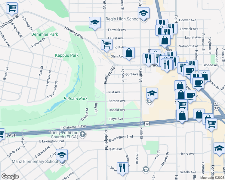 map of restaurants, bars, coffee shops, grocery stores, and more near 1620 Rist Avenue in Eau Claire