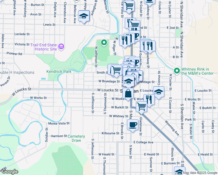 map of restaurants, bars, coffee shops, grocery stores, and more near 225 West Loucks Street in Sheridan