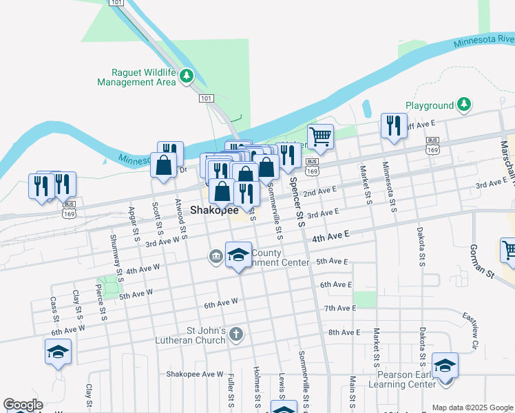 map of restaurants, bars, coffee shops, grocery stores, and more near 205 Lewis Street South in Shakopee